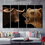 Bull Vs Bear Stocks Market Entrepreneur Stock Exchange 5 Pieces B Canvas Prints Wall Art - Painting Canvas, Multi Panels, Wall Decor