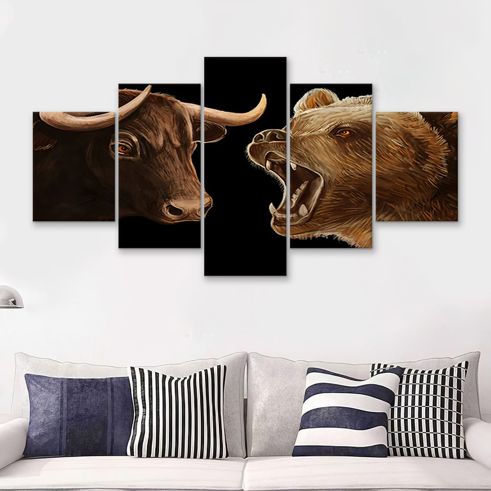 Bull Vs Bear Stocks Market Entrepreneur Stock Exchange 5 Pieces Canvas Prints Wall Art - Painting Canvas, Multi Panels, Wall Decor
