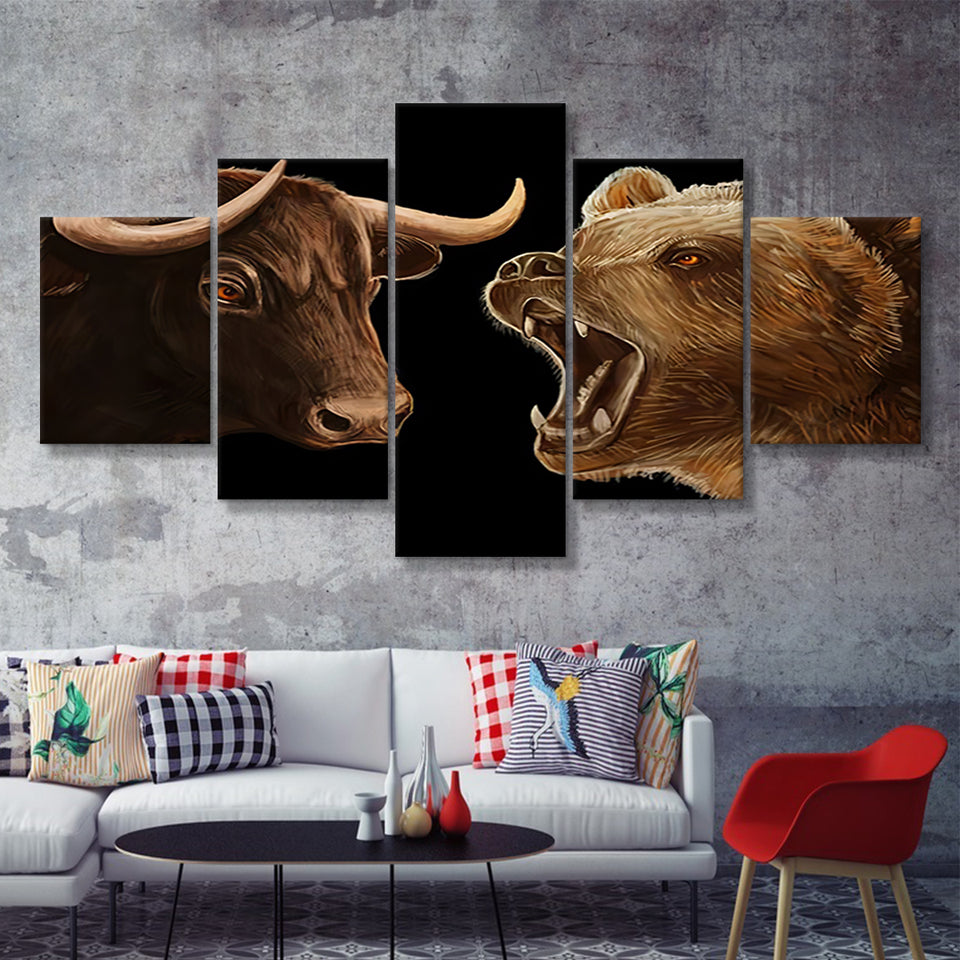 Bull Vs Bear Stocks Market Entrepreneur Stock Exchange 5 Pieces Canvas Prints Wall Art - Painting Canvas, Multi Panels, Wall Decor