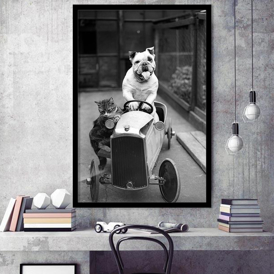 Bulldog And Cat Driving A Car Black And White Print, Animal Friends Framed Art Print Wall Art Decor,Framed Picture