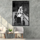 Bulldog And Cat Driving A Car Black And White Print, Animal Friends Framed Canvas Prints Wall Art Home Decor, Floating Frame