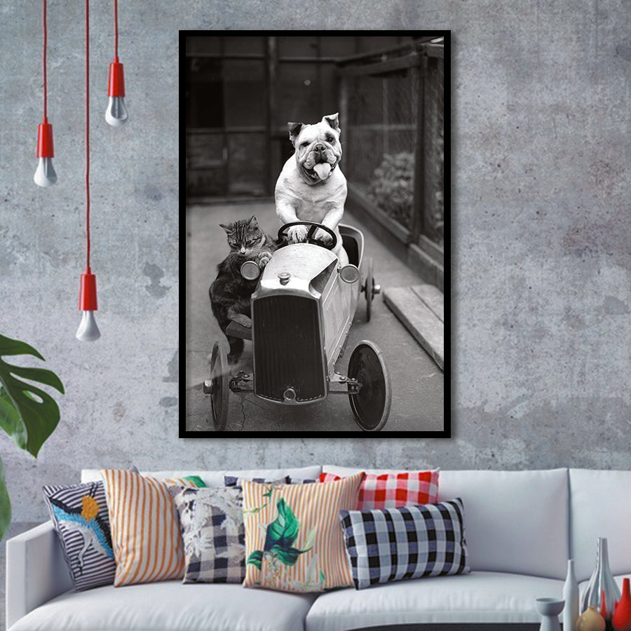 Bulldog And Cat Driving A Car Black And White Print, Animal Friends Framed Art Print Wall Art Decor,Framed Picture