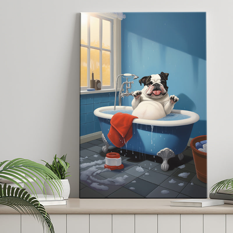 Bulldog Cute In Bathtube Bathroom Art Funny, Painting Art, Canvas Prints Wall Art Home Decor