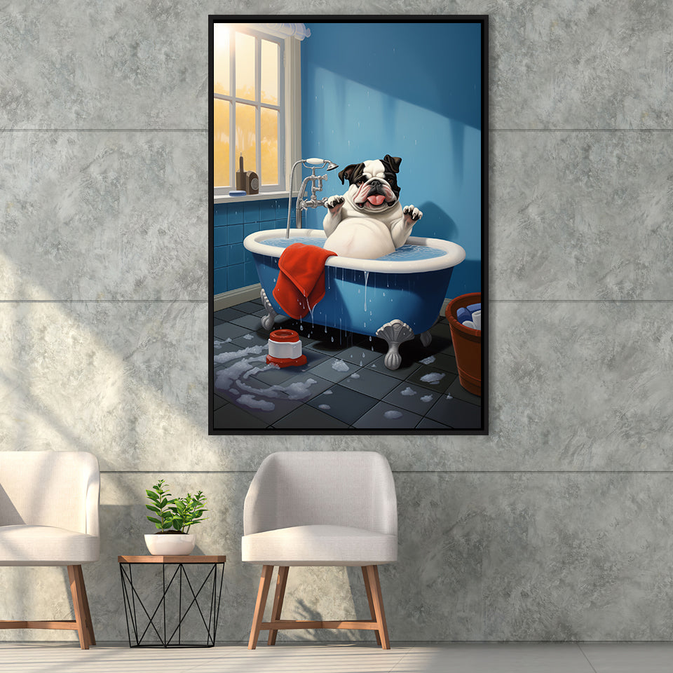 Bulldog Cute In Bathtube Bathroom Art Funny,Framed Canvas Prints,Floating Frame, Wall Art Home Decor