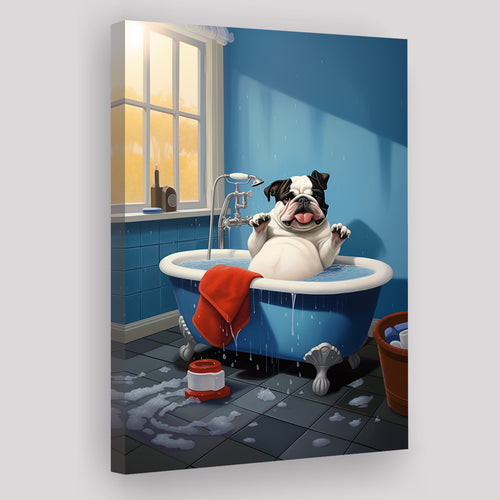 Bulldog Cute In Bathtube Bathroom Art Funny, Painting Art, Canvas Prints Wall Art Home Decor