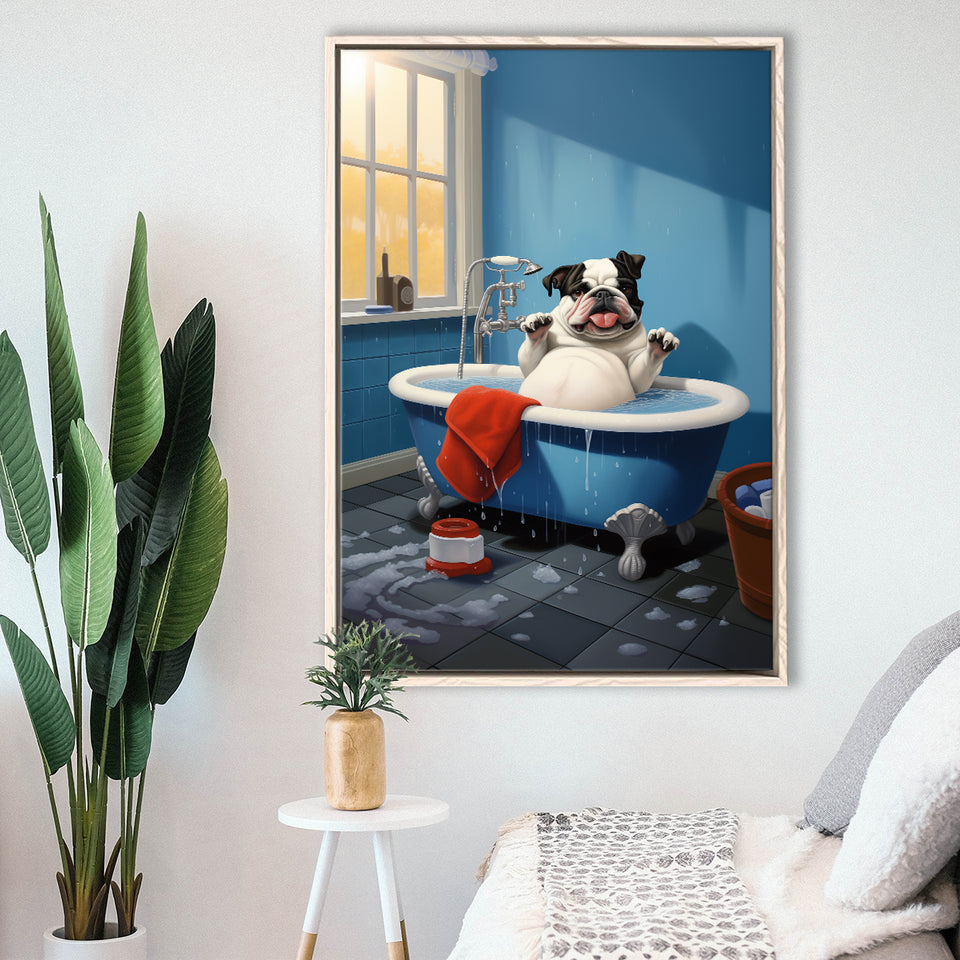 Bulldog Cute In Bathtube Bathroom Art Funny,Framed Canvas Prints,Floating Frame, Wall Art Home Decor