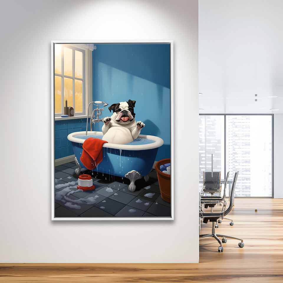 Bulldog Cute In Bathtube Bathroom Art Funny,Framed Canvas Prints,Floating Frame, Wall Art Home Decor