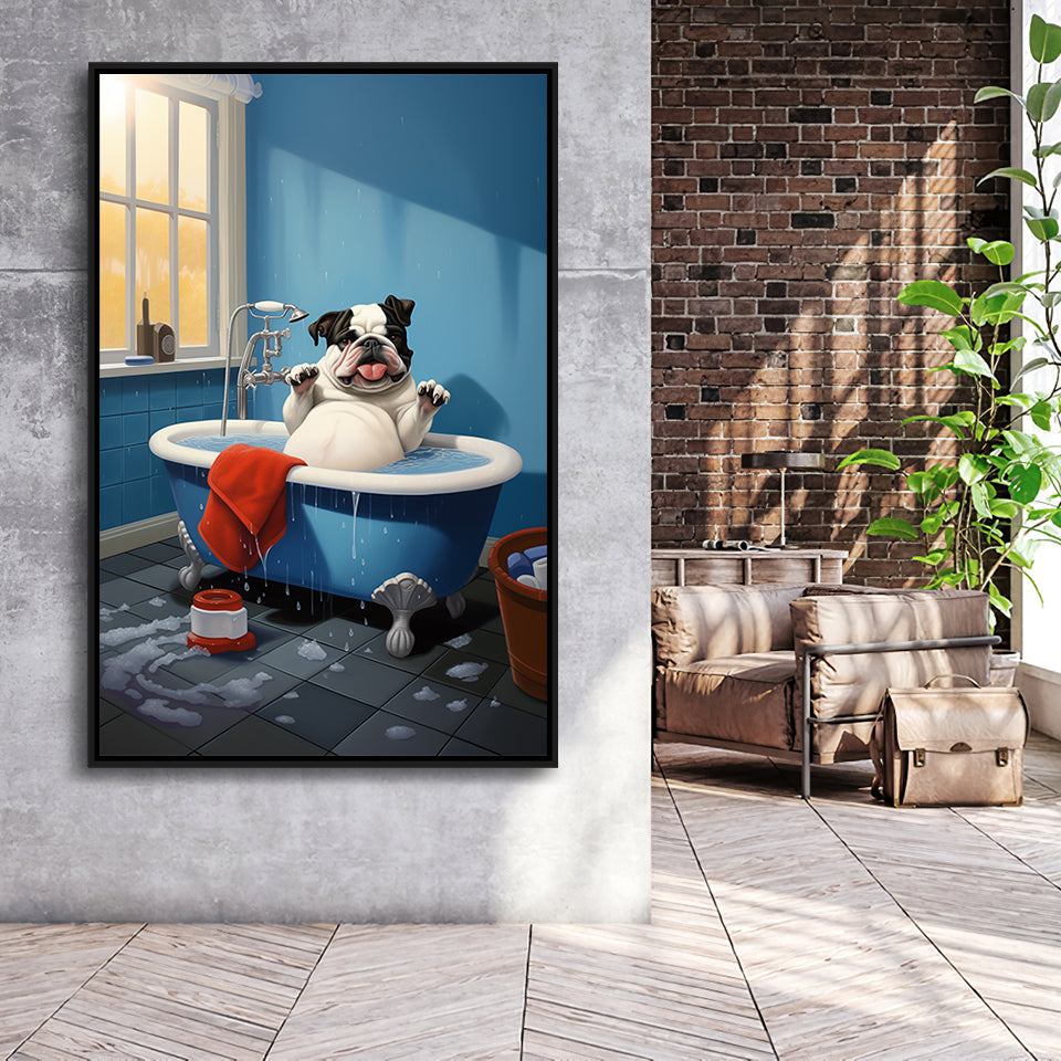 Bulldog Cute In Bathtube Bathroom Art Funny,Framed Canvas Prints,Floating Frame, Wall Art Home Decor