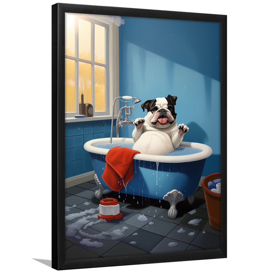 Bulldog Cute In Bathtube Bathroom Art Funny, Painting Art, Framed Art Prints Wall Decor