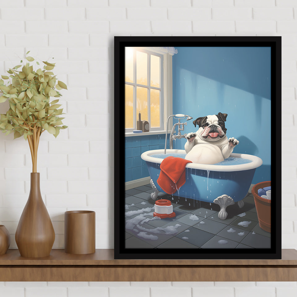 Bulldog Cute In Bathtube Bathroom Art Funny,Framed Canvas Prints,Floating Frame, Wall Art Home Decor