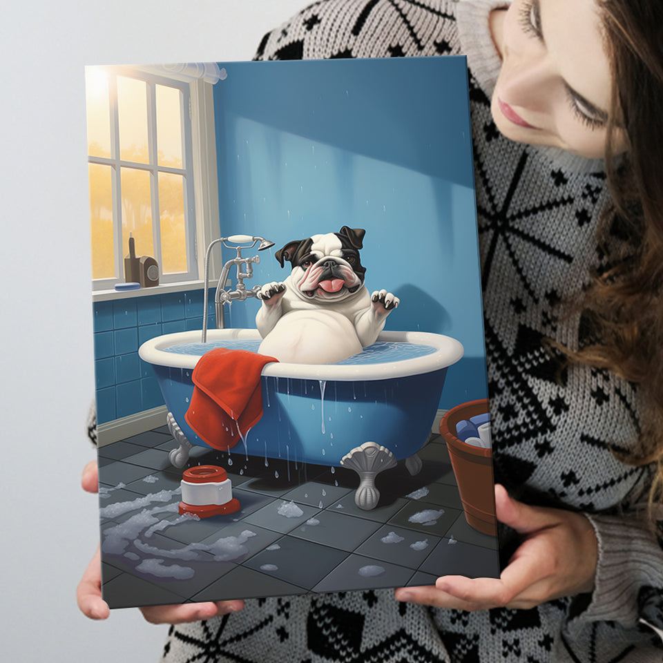 Bulldog Cute In Bathtube Bathroom Art Funny, Painting Art, Canvas Prints Wall Art Home Decor