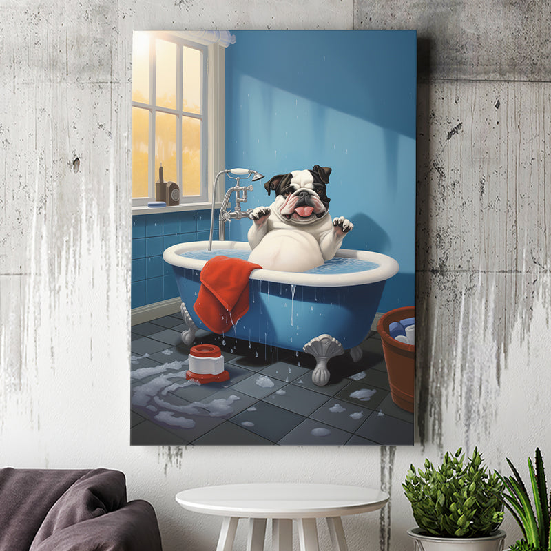 Bulldog Cute In Bathtube Bathroom Art Funny, Painting Art, Canvas Prints Wall Art Home Decor