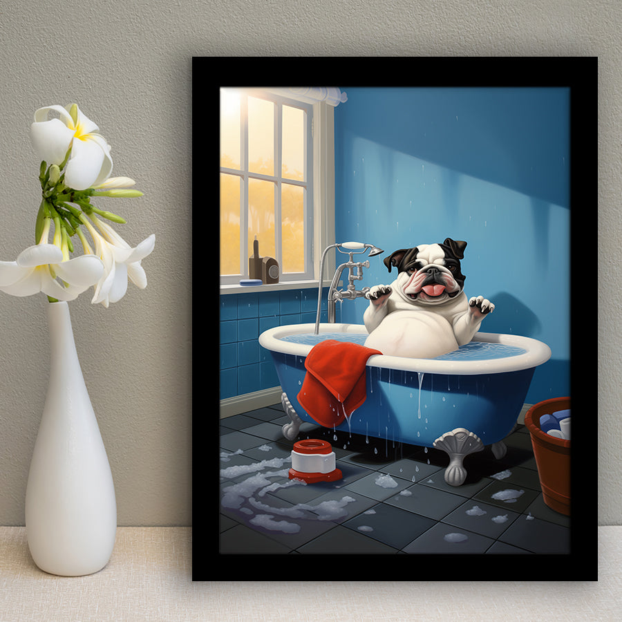 Bulldog Cute In Bathtube Bathroom Art Funny, Painting Art, Framed Art Prints Wall Decor
