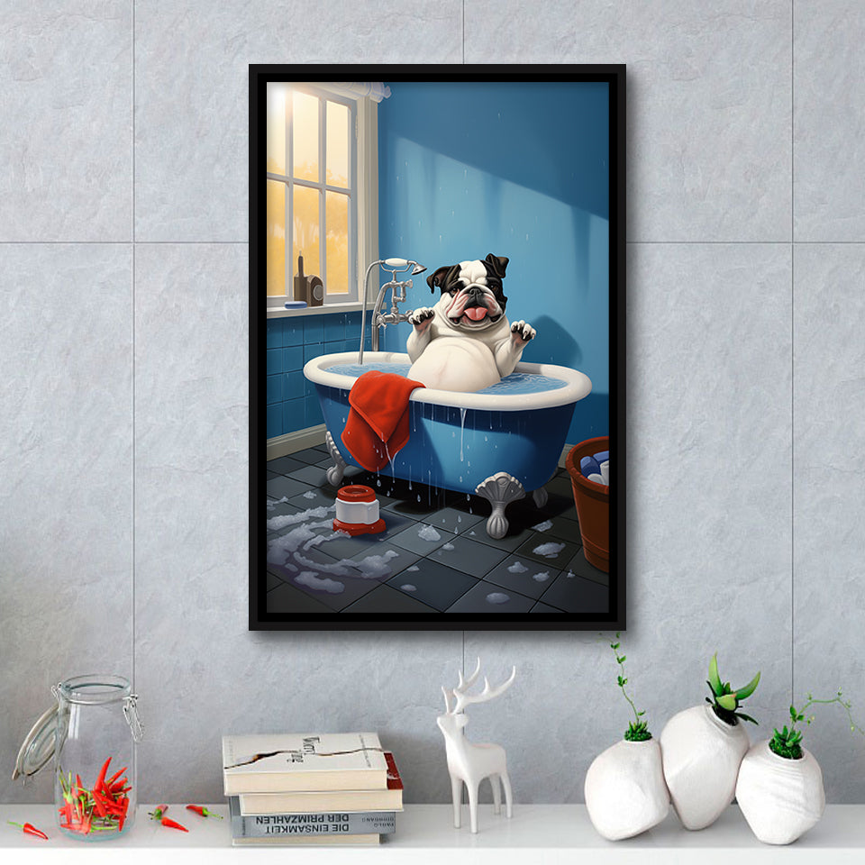 Bulldog Cute In Bathtube Bathroom Art Funny,Framed Canvas Prints,Floating Frame, Wall Art Home Decor