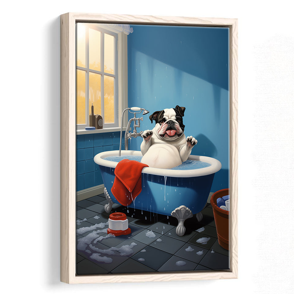 Bulldog Cute In Bathtube Bathroom Art Funny,Framed Canvas Prints,Floating Frame, Wall Art Home Decor