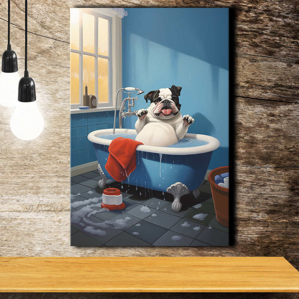 Bulldog Cute In Bathtube Bathroom Art Funny, Painting Art, Canvas Prints Wall Art Home Decor