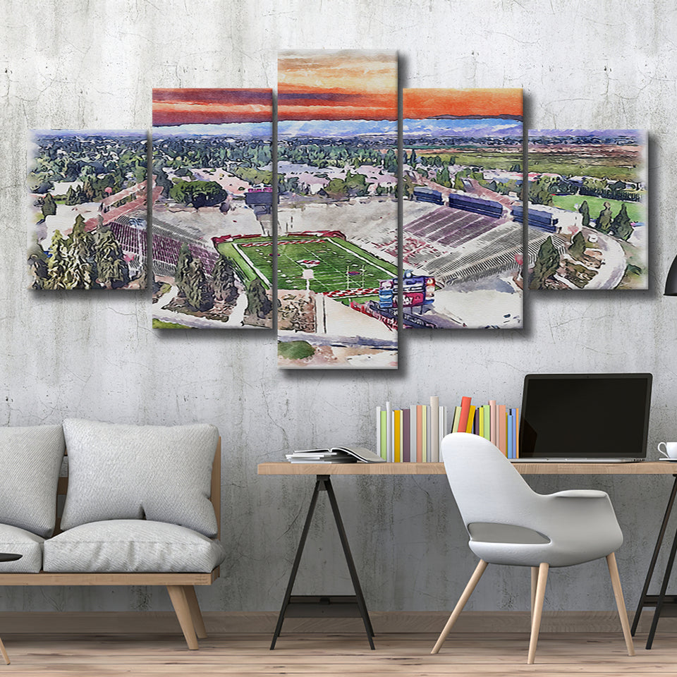 Bulldog Stadium California State Football Stadium Watercolor, 5 Pieces, Multi Panel Canvas Prints Wall Art Decor