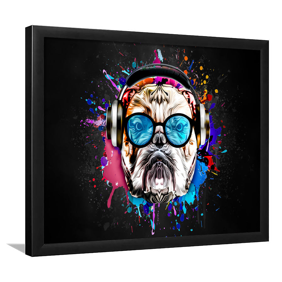 Bulldog Headphone Dj Colorful Framed Art Print Wall Decor - Painting Art, Wall Art Decor, Framed Picture, Black Frame