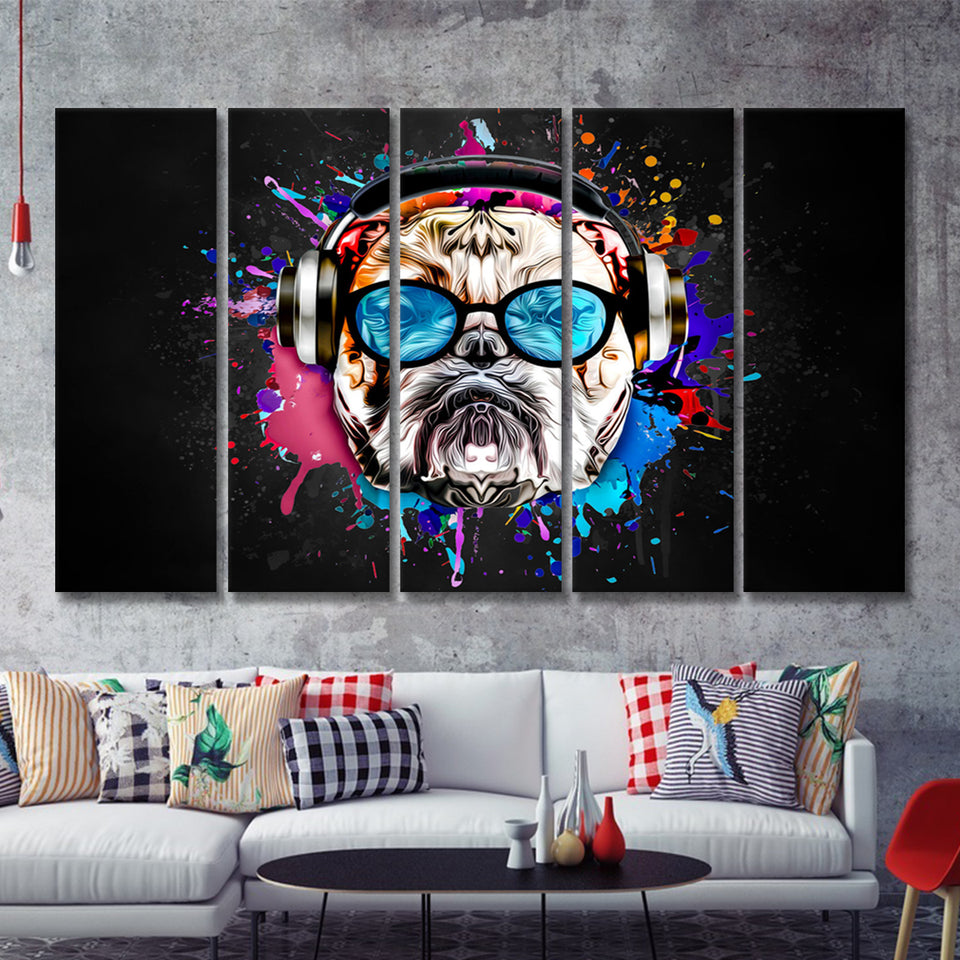 Bulldog Headphone Dj Colorful Canvas 5 Piece B Prints Wall Art Decor - Painting Canvas, Multi Panels, Canvas Prints