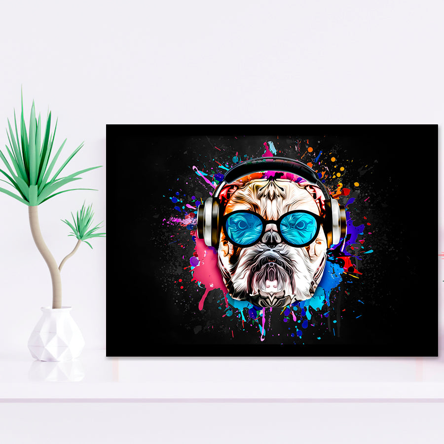 Bulldog Headphone Dj Colorful Framed Art Print Wall Decor - Painting Art, Wall Art Decor, Framed Picture, Black Frame