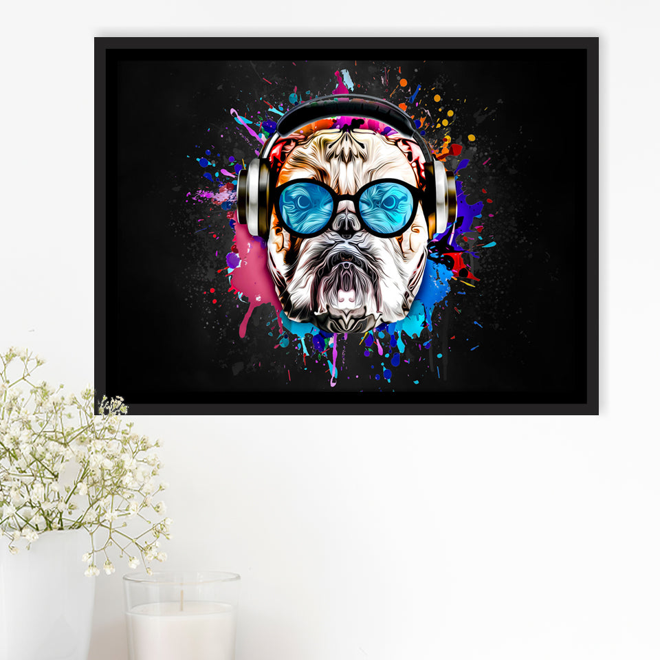 Bulldog Headphone Dj Colorful Framed Canvas Prints Wall Art Decor - Painting Canvas, Floating Frame, Framed Picture