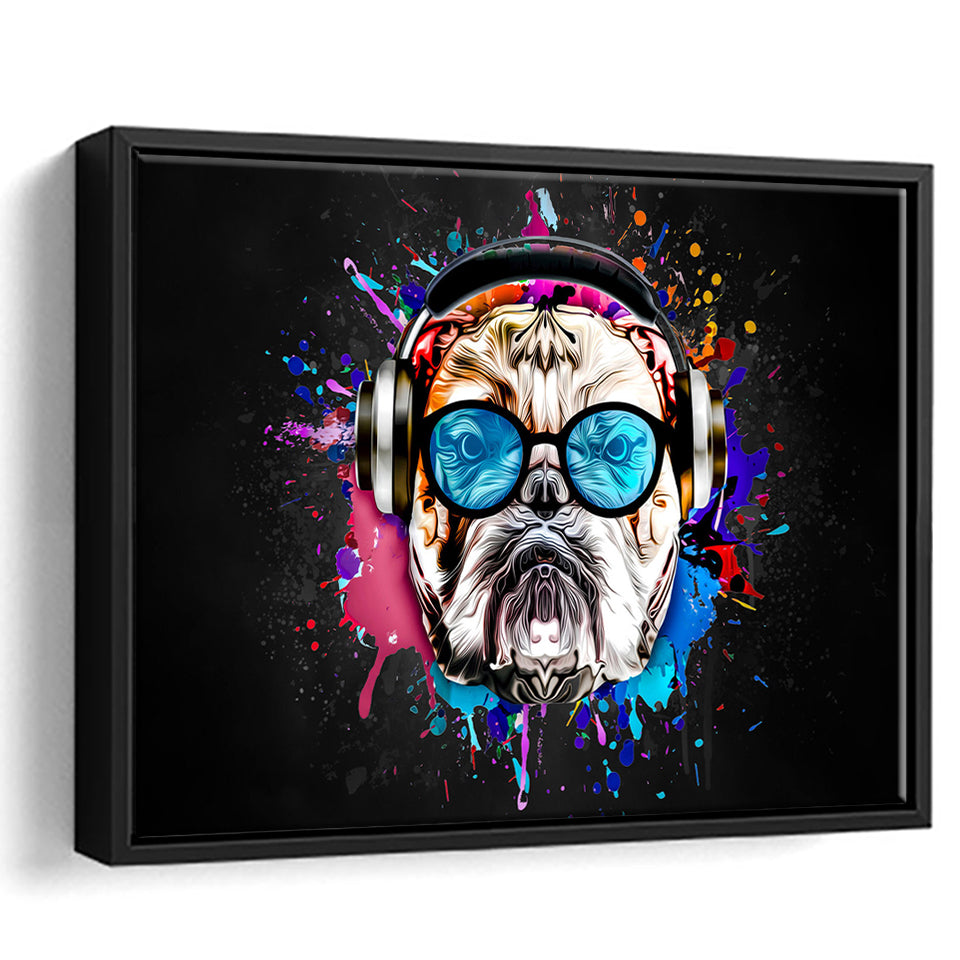 Bulldog Headphone Dj Colorful Framed Canvas Prints Wall Art Decor - Painting Canvas, Floating Frame, Framed Picture