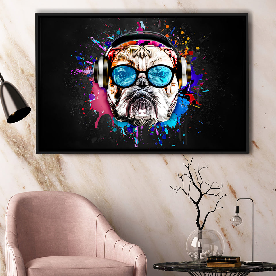Bulldog Headphone Dj Colorful Framed Canvas Prints Wall Art Decor - Painting Canvas, Floating Frame, Framed Picture