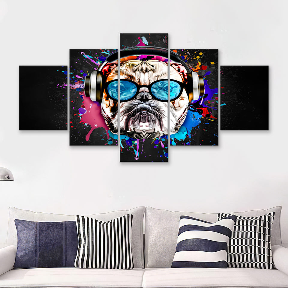 Bulldog Headphone Dj Colorful Canvas 5 Pieces Prints Wall Art Decor - Painting Canvas, Multi Panels, Canvas Print