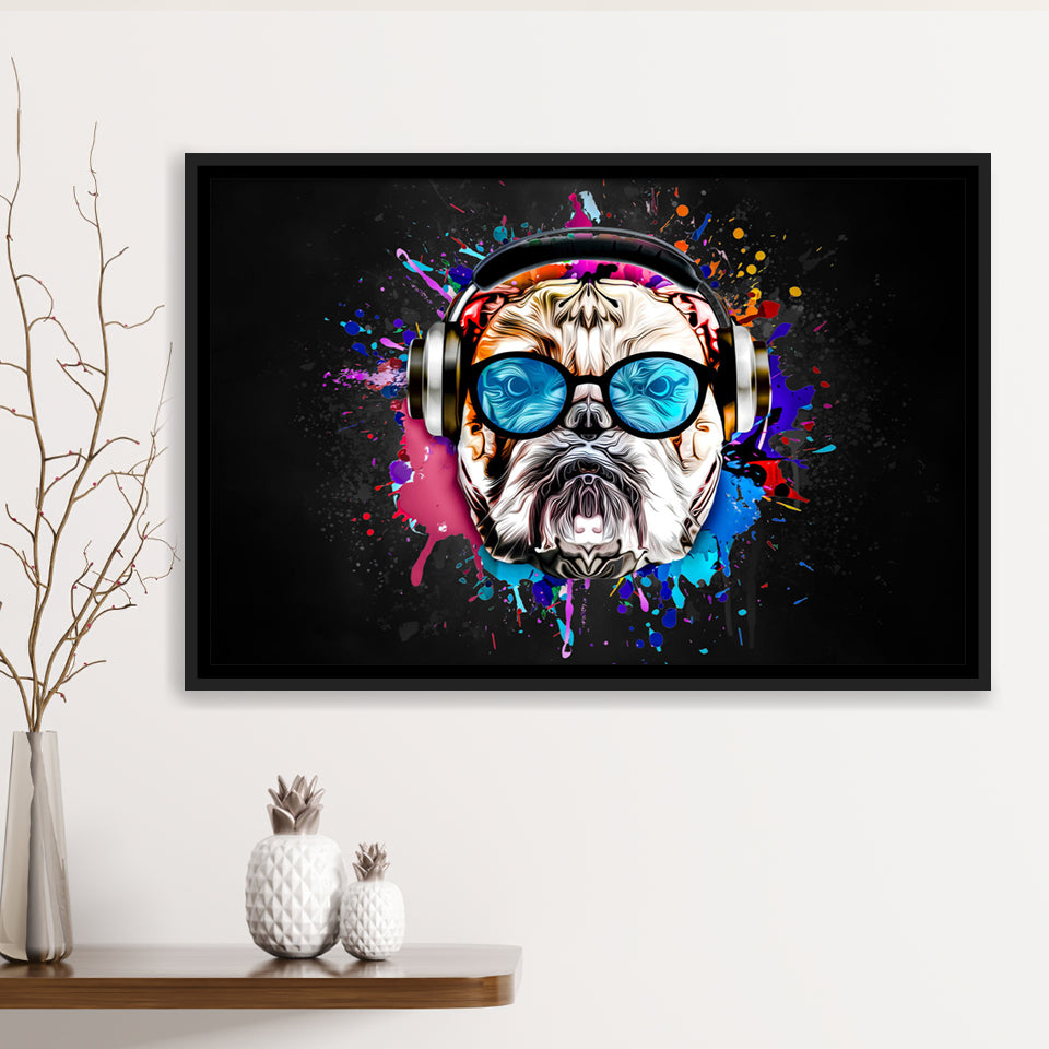 Bulldog Headphone Dj Colorful Framed Canvas Prints Wall Art Decor - Painting Canvas, Floating Frame, Framed Picture