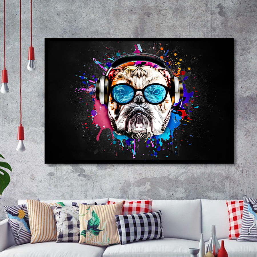 Bulldog Headphone Dj Colorful Framed Art Print Wall Decor - Painting Art, Wall Art Decor, Framed Picture, Black Frame