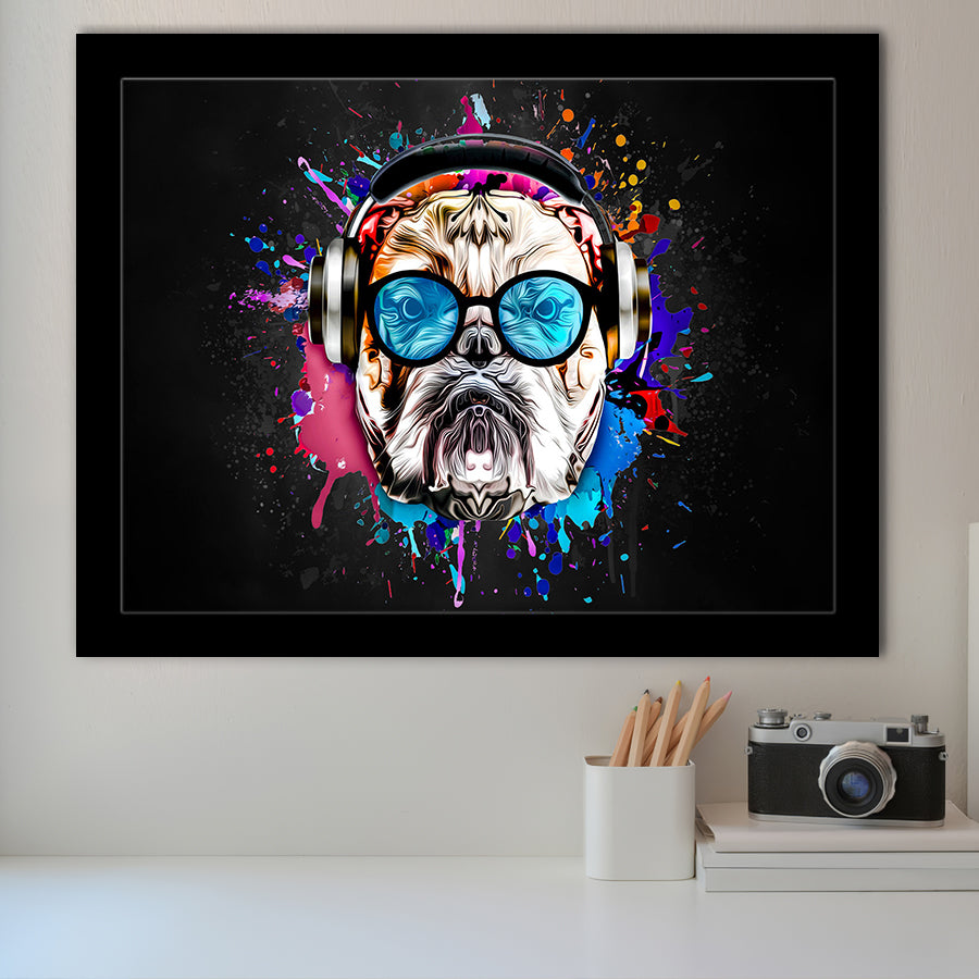 Bulldog Headphone Dj Colorful Framed Art Print Wall Decor - Painting Art, Wall Art Decor, Framed Picture, Black Frame