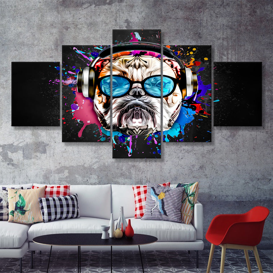 Bulldog Headphone Dj Colorful Canvas 5 Pieces Prints Wall Art Decor - Painting Canvas, Multi Panels, Canvas Print