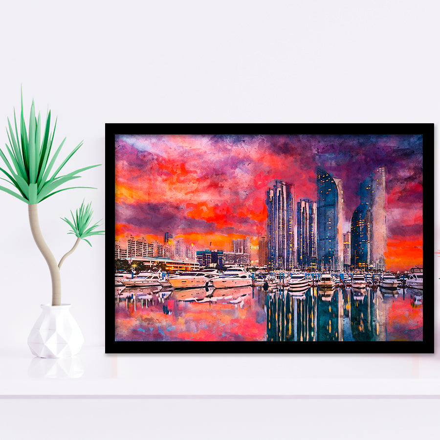 Busan South Korea City Skyline Haeundae City Art Watercolor Framed Art Prints Wall Art Decor,Framed Picture