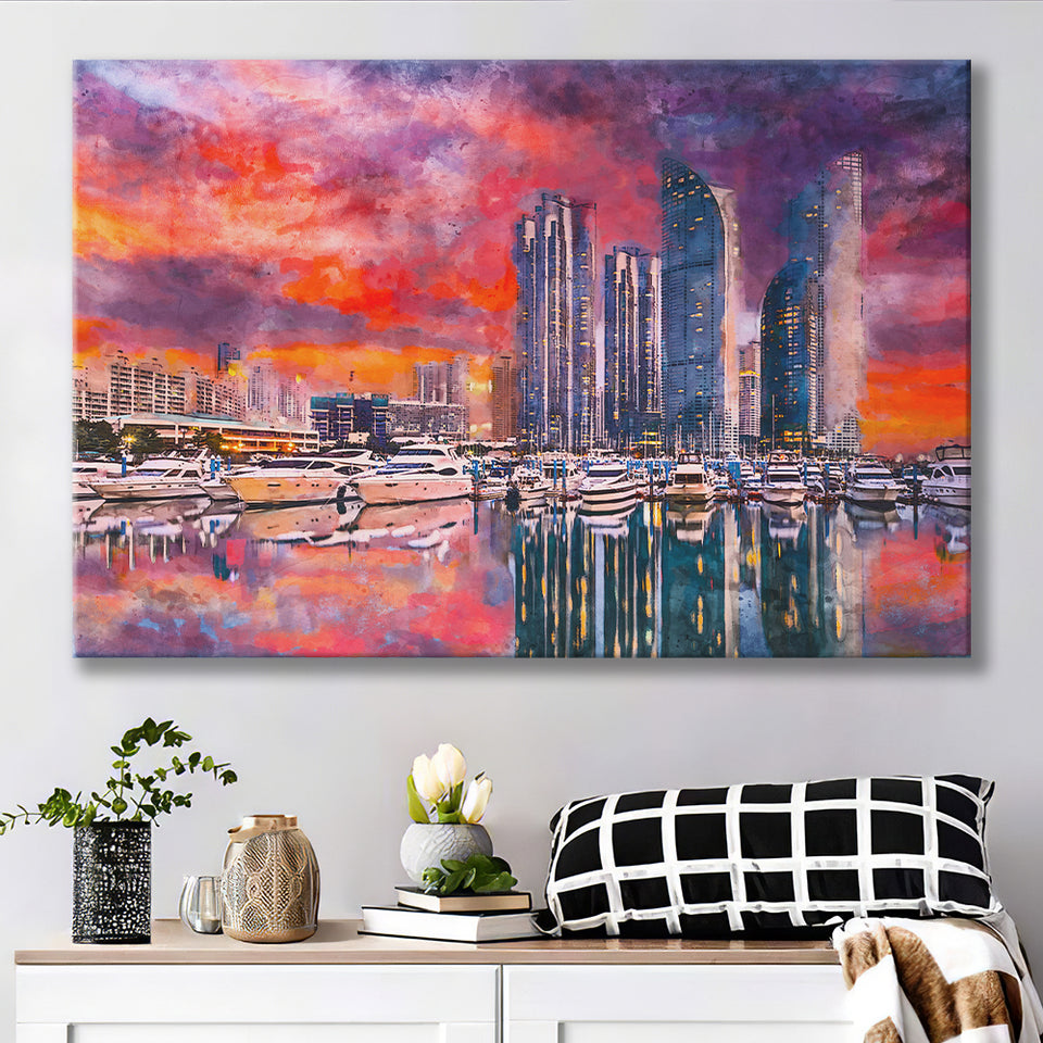 Busan South Korea City Skyline Haeundae City Art Watercolor Canvas Prints Wall Art Home Decor, Large Canvas
