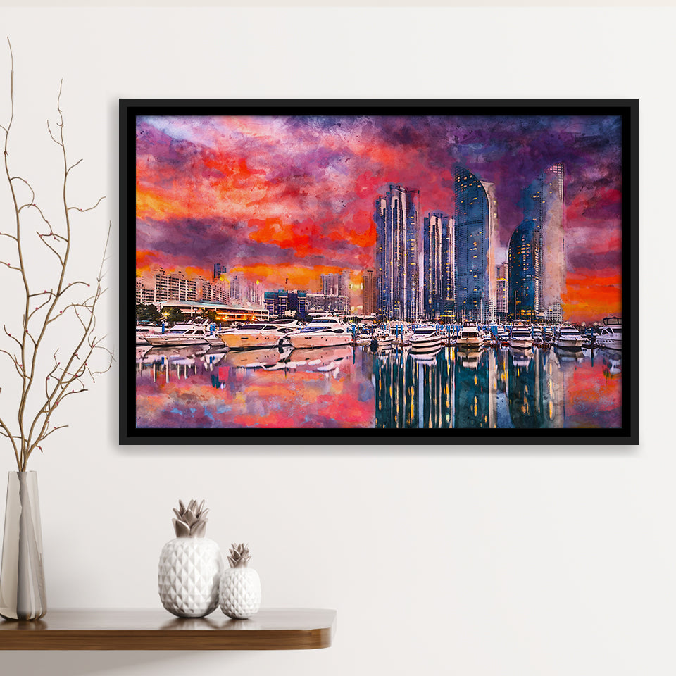 Busan South Korea City Skyline Haeundae City Art Watercolor Framed Canvas Prints Wall Art Home Decor,Floating Frame