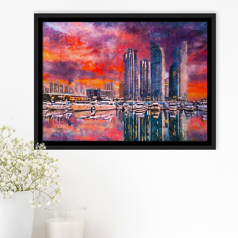 Busan South Korea City Skyline Haeundae City Art Watercolor Framed Canvas Prints Wall Art Home Decor,Floating Frame