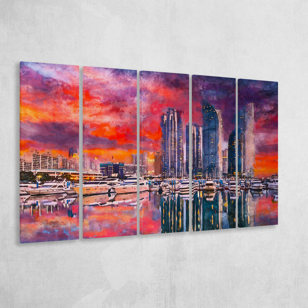 Busan South Korea City Skyline Haeundae 5 Pieces Extra Large Canvas Prints Wall Art Home Decor