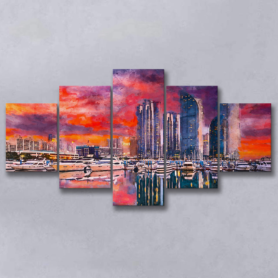 Busan South Korea City Skyline Haeundae 5 Pieces Mixed Canvas Prints Wall Art Home Decor