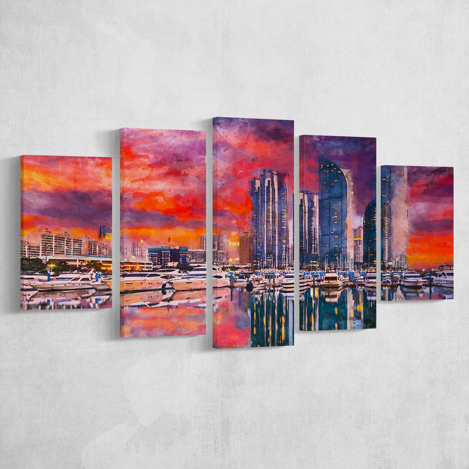 Busan South Korea City Skyline Haeundae 5 Pieces Mixed Canvas Prints Wall Art Home Decor