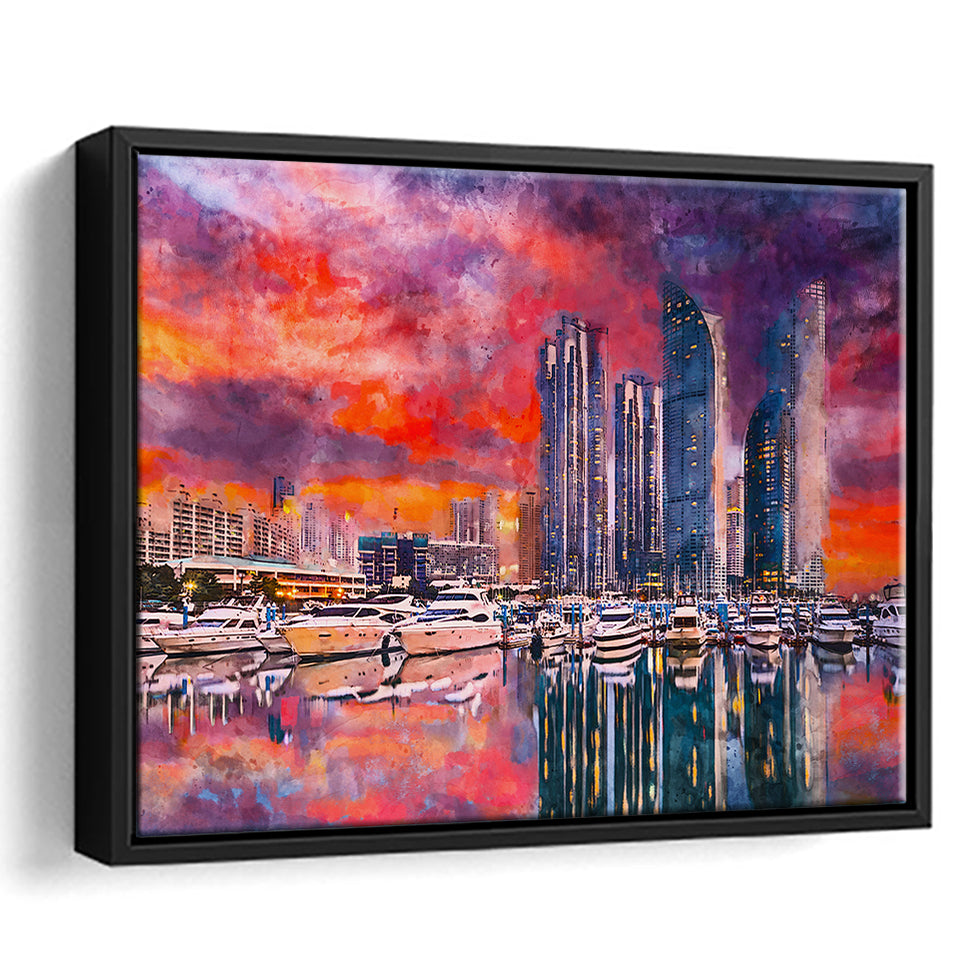 Busan South Korea City Skyline Haeundae City Art Watercolor Framed Canvas Prints Wall Art Home Decor,Floating Frame