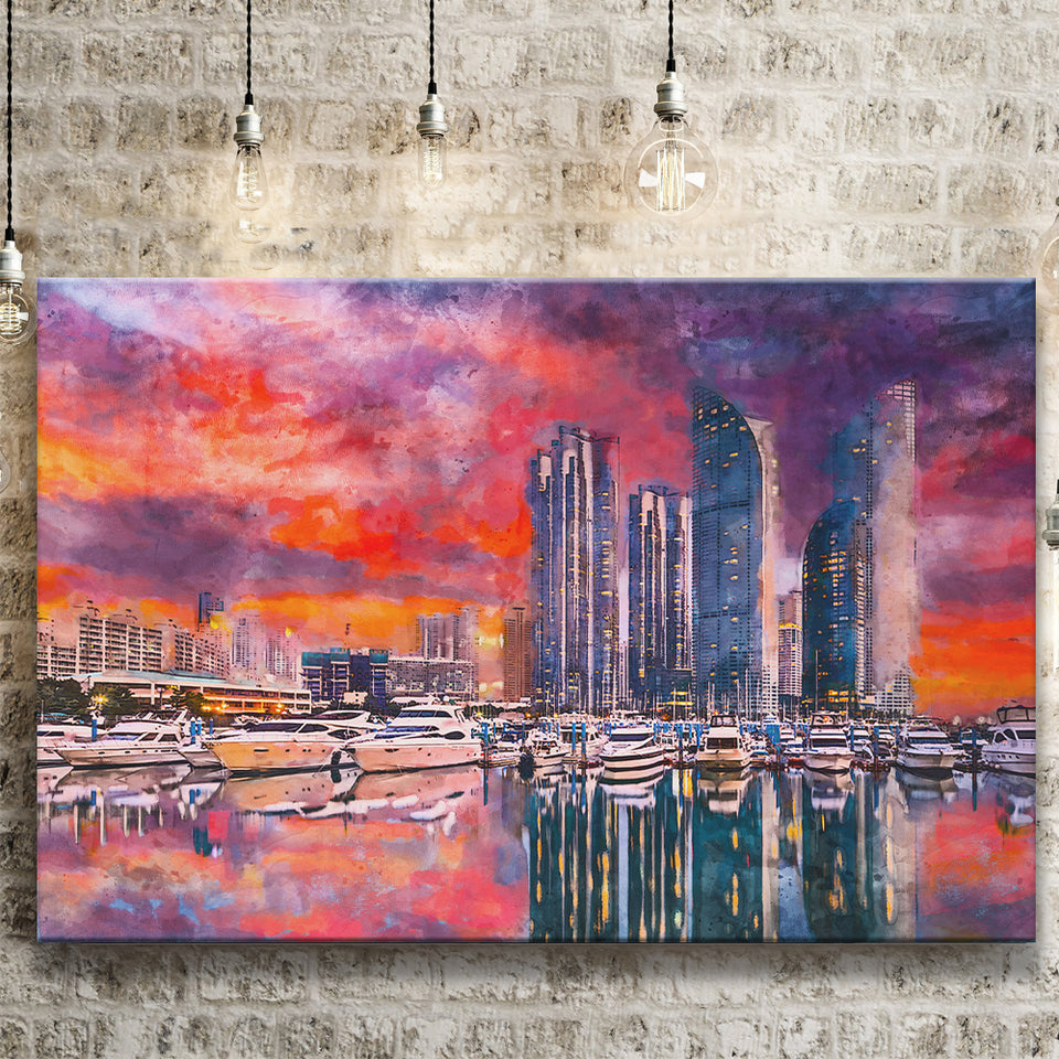 Busan South Korea City Skyline Haeundae City Art Watercolor Canvas Prints Wall Art Home Decor, Large Canvas