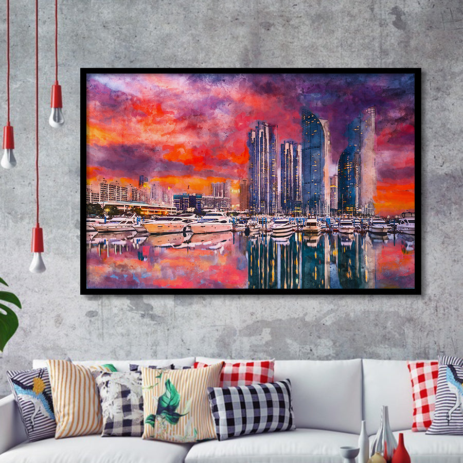 Busan South Korea City Skyline Haeundae City Art Watercolor Framed Art Prints Wall Art Decor,Framed Picture