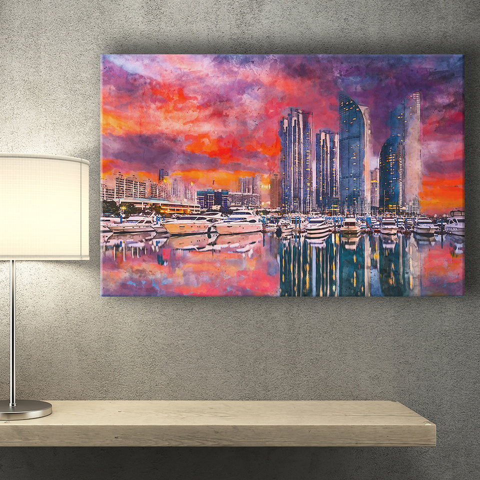 Busan South Korea City Skyline Haeundae City Art Watercolor Canvas Prints Wall Art Home Decor, Large Canvas