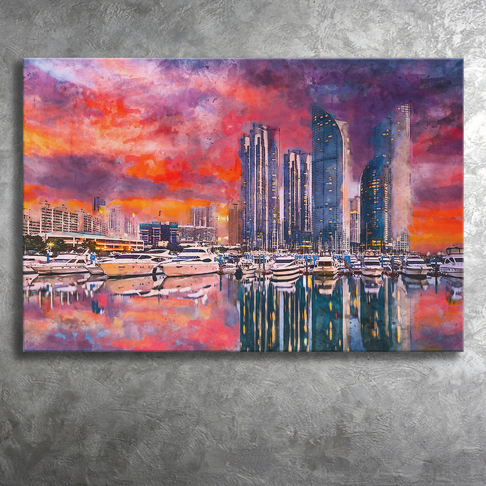 Busan South Korea City Skyline Haeundae City Art Watercolor Canvas Prints Wall Art Home Decor, Large Canvas