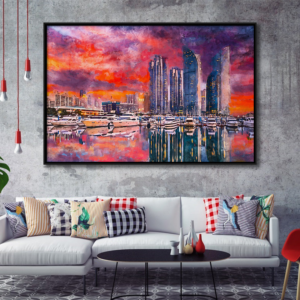 Busan South Korea City Skyline Haeundae City Art Watercolor Framed Canvas Prints Wall Art Home Decor,Floating Frame