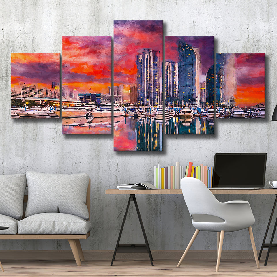 Busan South Korea City Skyline Haeundae 5 Pieces Mixed Canvas Prints Wall Art Home Decor