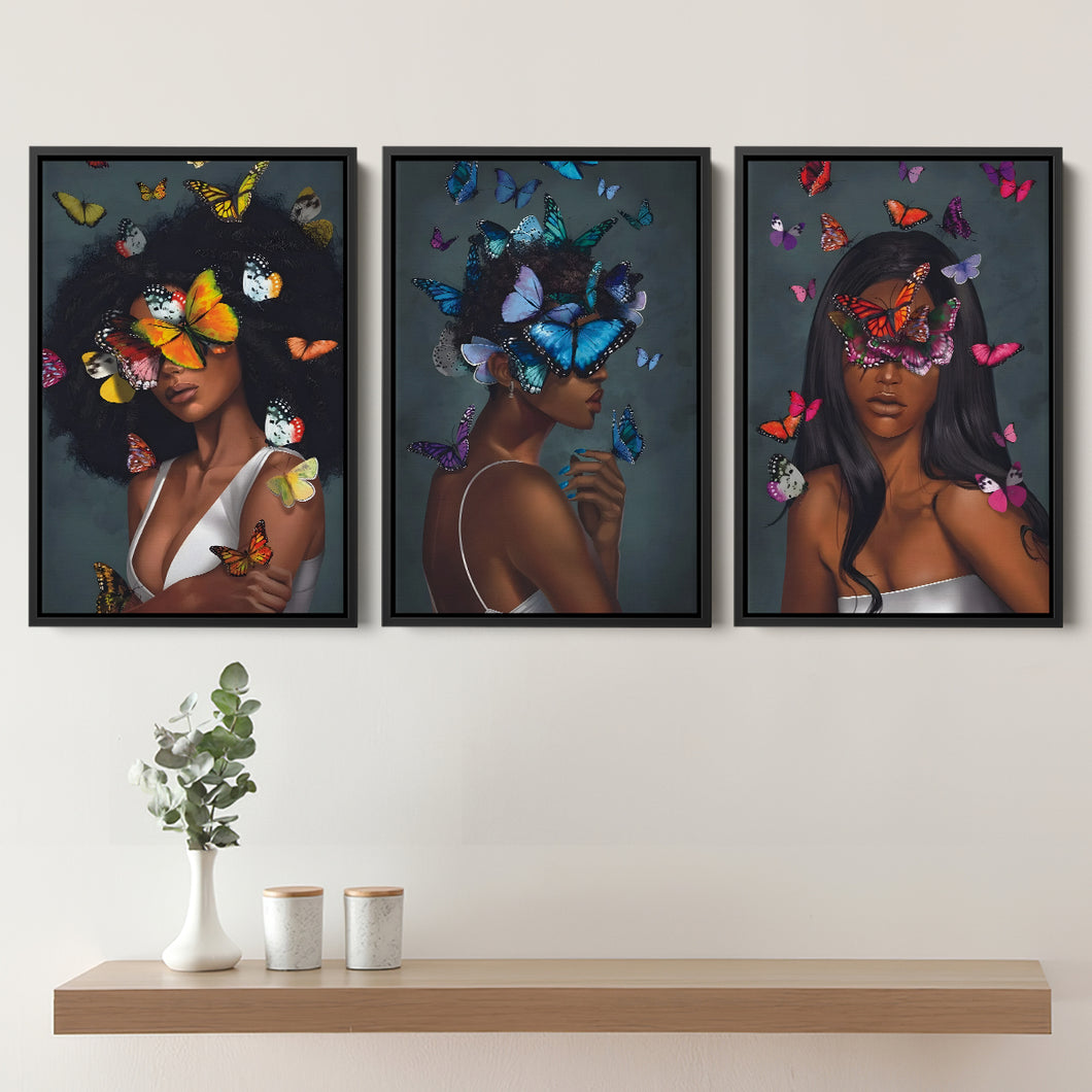 Butterfly Elegance Set of 3 Piece Framed Canvas Prints Wall Art Decor