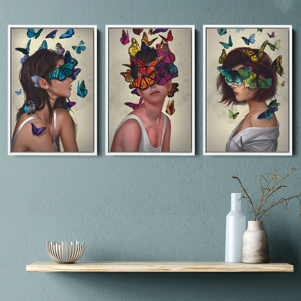Butterfly Oasis Women Set of 3 Piece Framed Canvas Prints Wall Art Decor