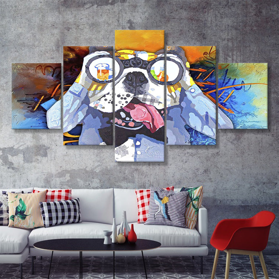 Colorful French Bulldog In Suit Canvas 5 Pieces Prints Wall Art Decor - Painting Canvas, Multi Panels, Canvas Print