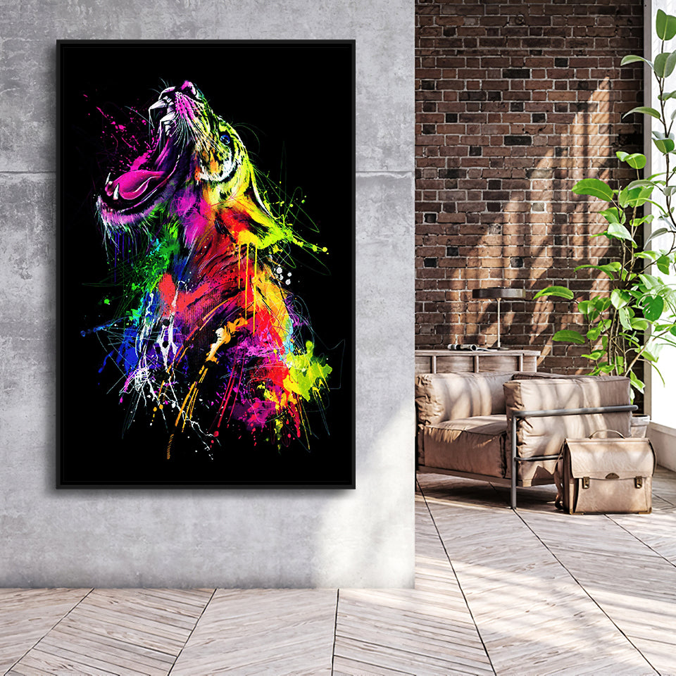 Colorful Roaring Lion Framed Canvas Prints Wall Art Decor - Painting Canvas, Floating Frame, Framed Picture